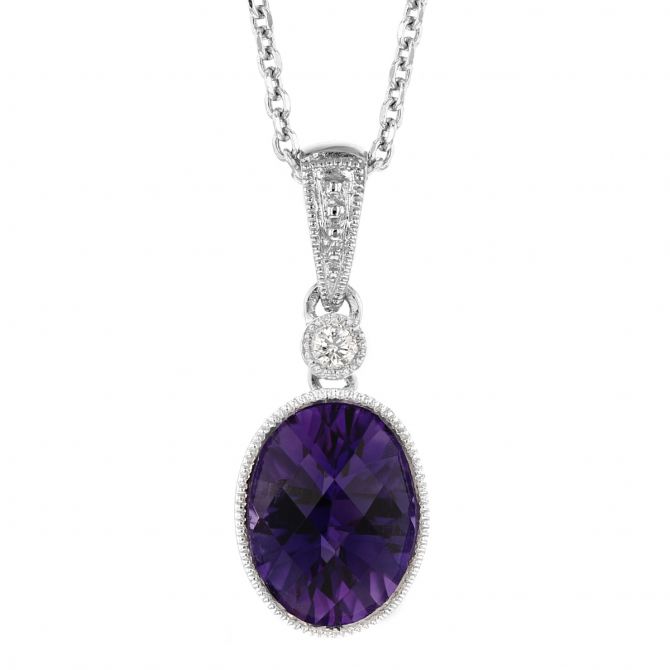 Amethyst & Diamond Milgrain Pendant Necklace in White Gold