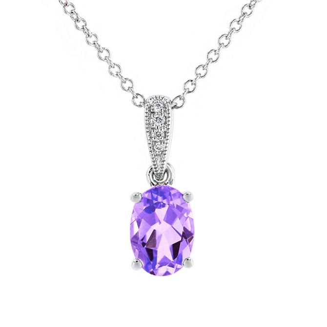 Oval Amethyst & Diamond Milgrain Pendant in White Gold, 18"