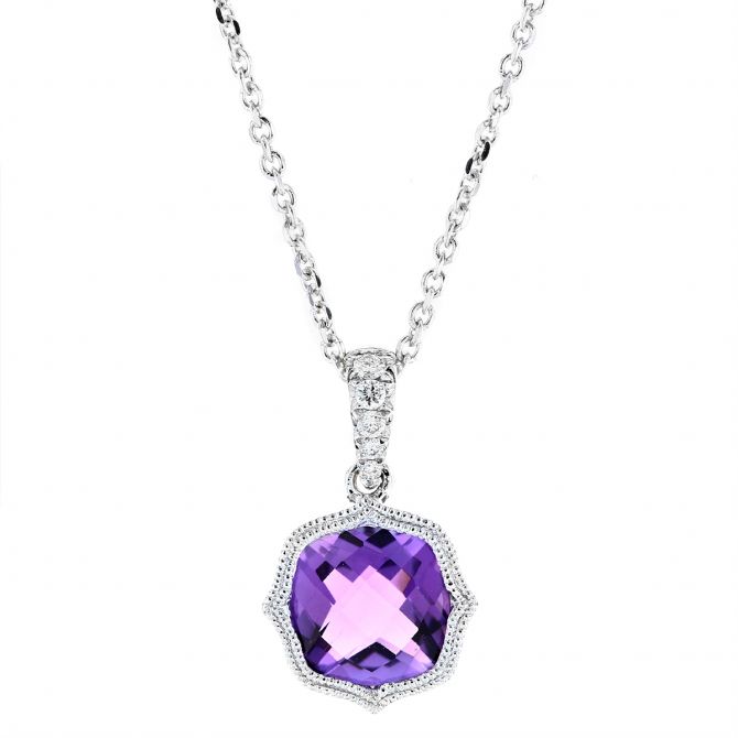 14K White Gold Cushion Amethyst & Diamond Milgrain Quatrefoil Pendant, 18"