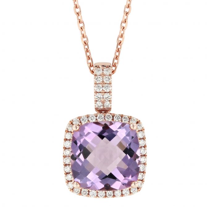 14K Rose Gold Cushion Amethyst Pendant with Diamond Frame, 18"