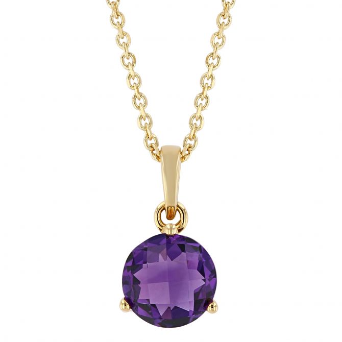 14K Yellow Gold Round Checkerboard Amethyst Pendant, 18"