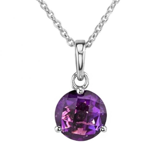 Checkerboard Round Amethyst Solitaire Pendant in White Gold, 18"