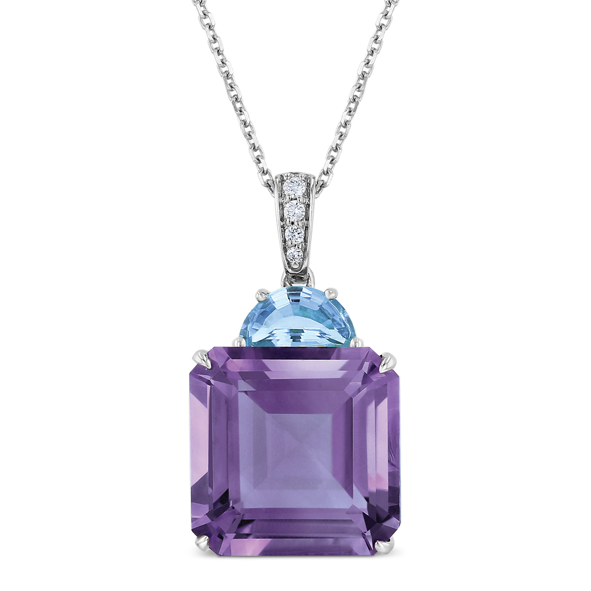 14K White Gold Asscher Cut Amethyst, Half Moon Blue Topaz, & Diamond ...