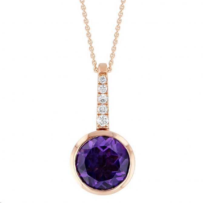 Round Amethyst Bezel Set Pendant with Diamond Bail in Rose Gold