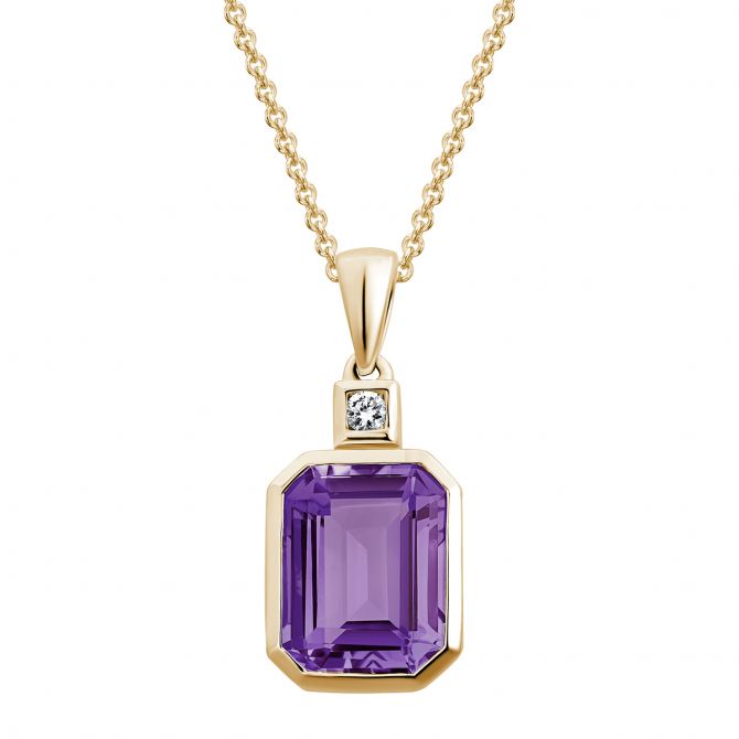 Emerald Cut Amethyst Pendant with Diamond Bail in Yellow Gold, 18"