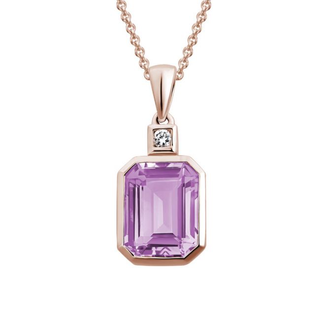 Emerald Cut Pink Amethyst & Diamond Bezel Set Pendant in Rose Gold, 18"