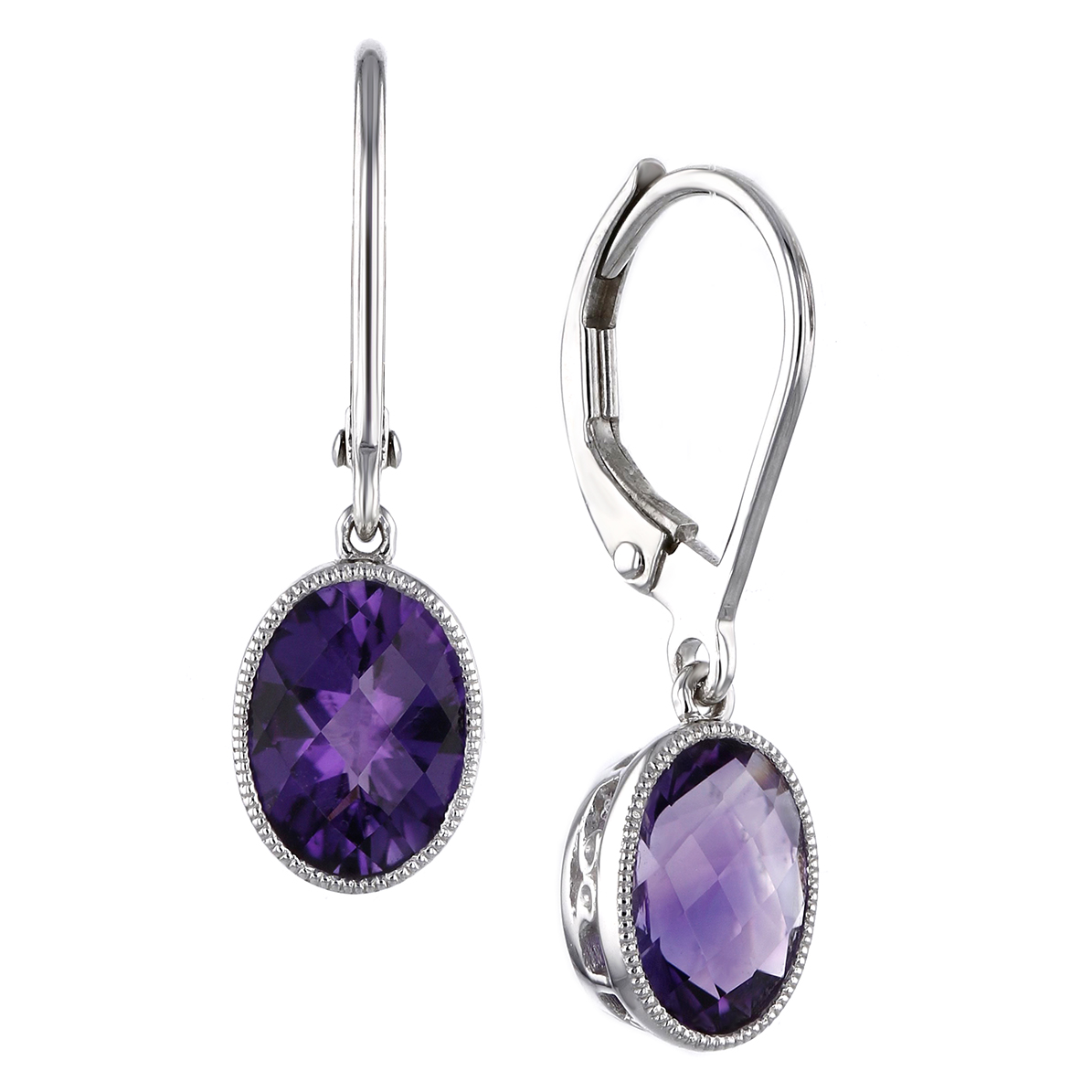 14K White Gold Oval Amethyst Milgrain Drop Earrings | Borsheims