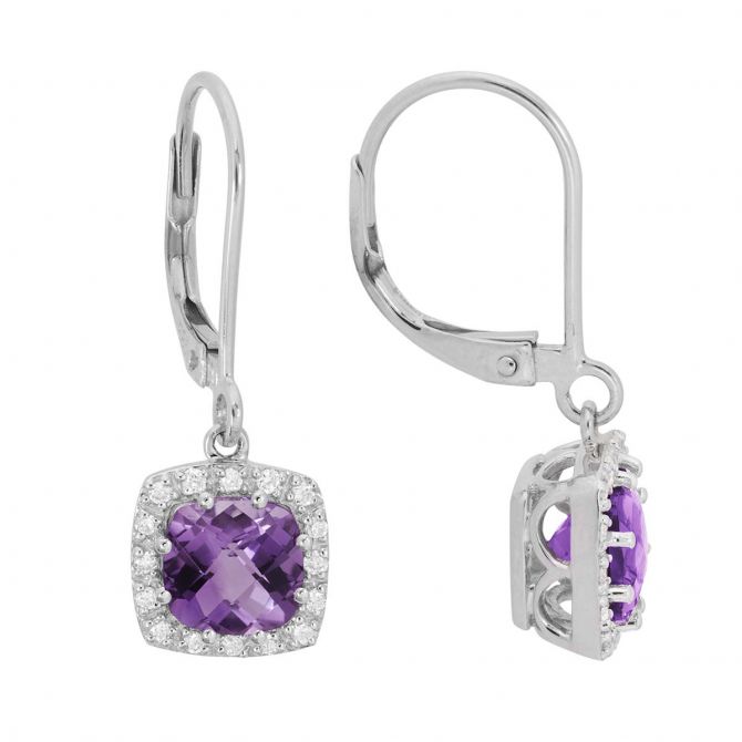 Cushion Amethyst & Diamond Halo Leverback Drop Earrings in White Gold