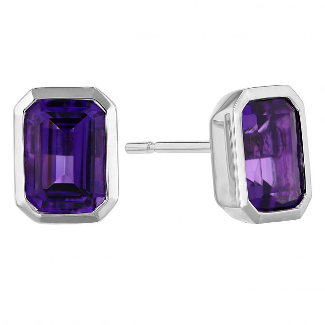 Emerald Cut Amethyst Bezel Set Post Earrings in White Gold