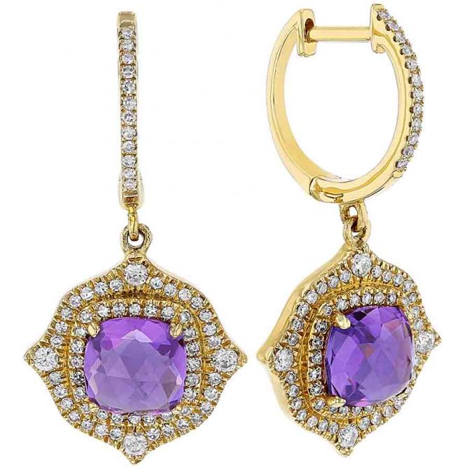 Cushion Amethyst Dangle Huggie Earrings with Diamond Arabesque Double Halo in Yellow Gold