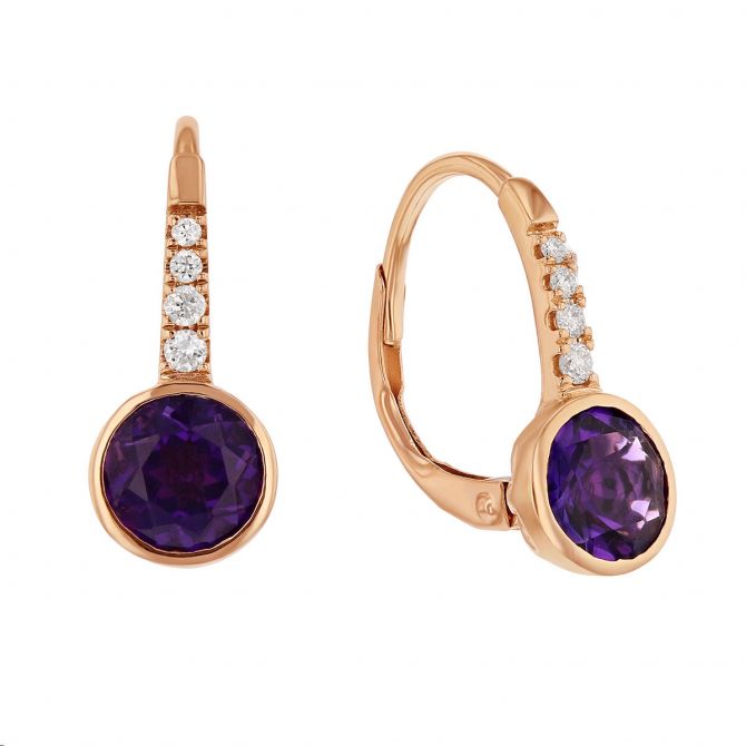 Round Amethyst & Diamond Bezel Set Leverback Earrings in Rose Gold