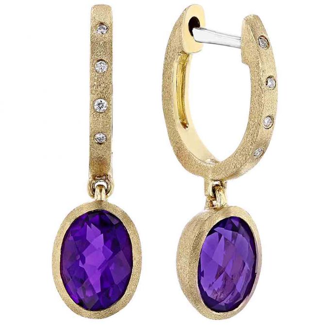 Oval Amethyst Bezel Set Dangle Huggie Earrings in Satin Yellow Gold with Diamonds