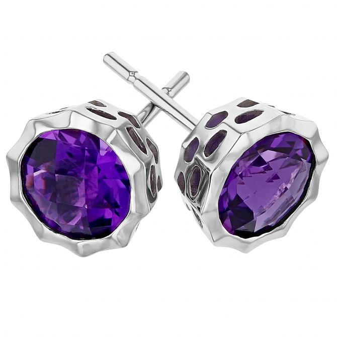 Round Checkerboard Amethyst Pointed Bezel Post Earrings in White Gold