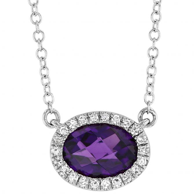 Oval Amethyst & Diamond Halo East West Necklace in White Gold, 18"