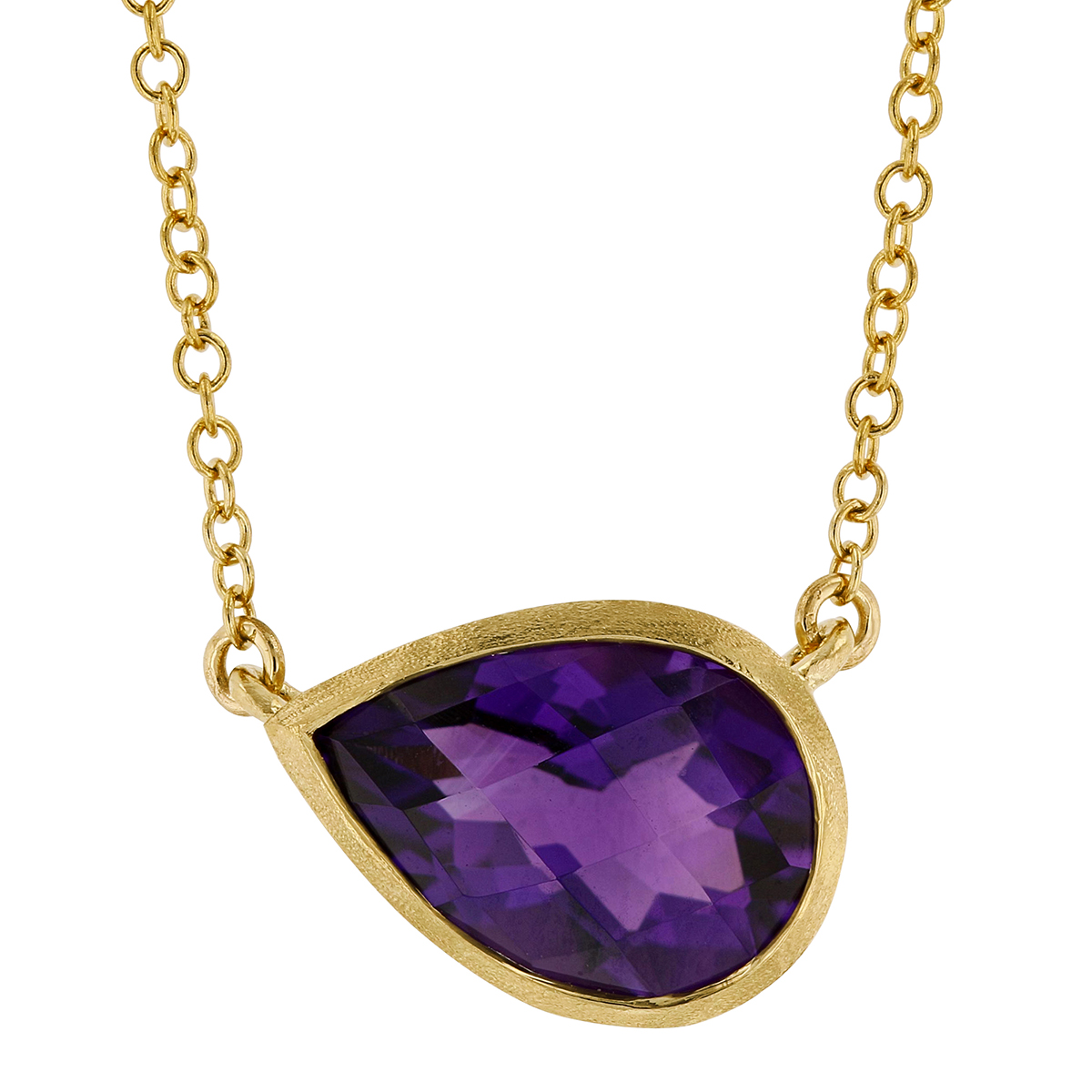 Pear Shaped East West Amethyst Necklace in Satin Yellow Gold, 18