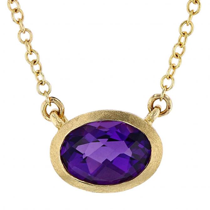 Oval Amethyst Necklace with Satin Finish Bezel in Yellow Gold, 18"