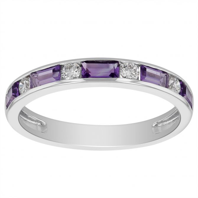 14K White Gold Baguette Amethyst & Round Diamond Alternating Channel Set Ring