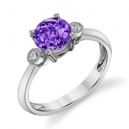 Round Amethyst & Diamond 3 Stone Ring in White Gold | Borsheims