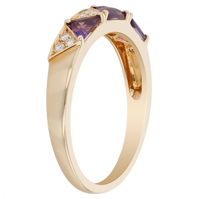 Trillion Amethyst & Diamond Cluster Triangle Patterned Ring in Yellow Gold