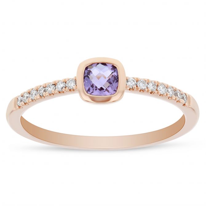 Amethyst & Diamond Bezel Set Ring in Rose Gold