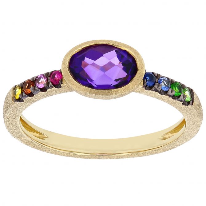 Oval Amethyst Bezel Set Ring with Multicolored Sapphires in Matte Yellow Gold