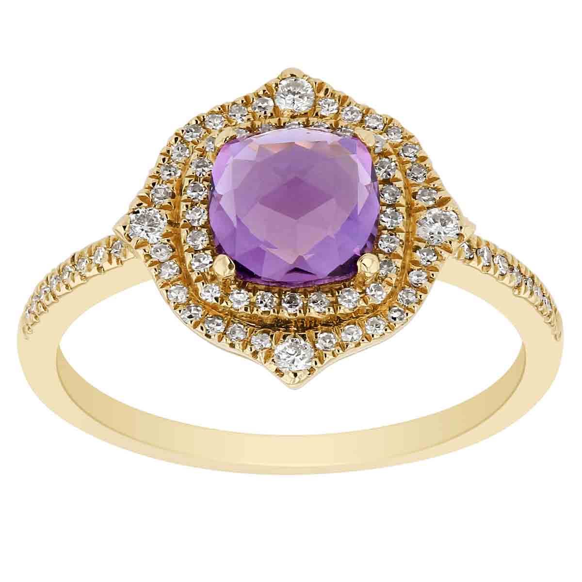 Cushion Amethyst Ring with Diamond Double Pointed Halo Ring in Yellow ...