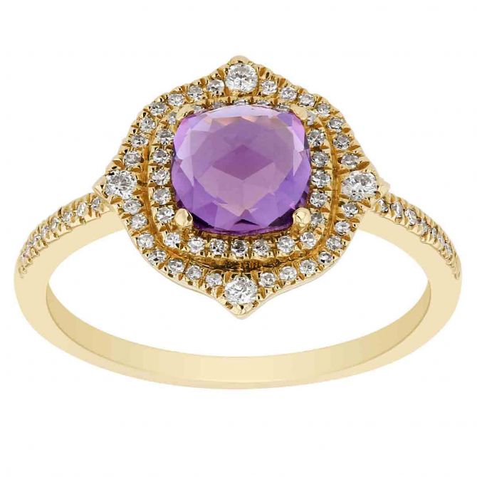 Cushion Amethyst Ring with Diamond Double Pointed Halo Ring in Yellow Gold