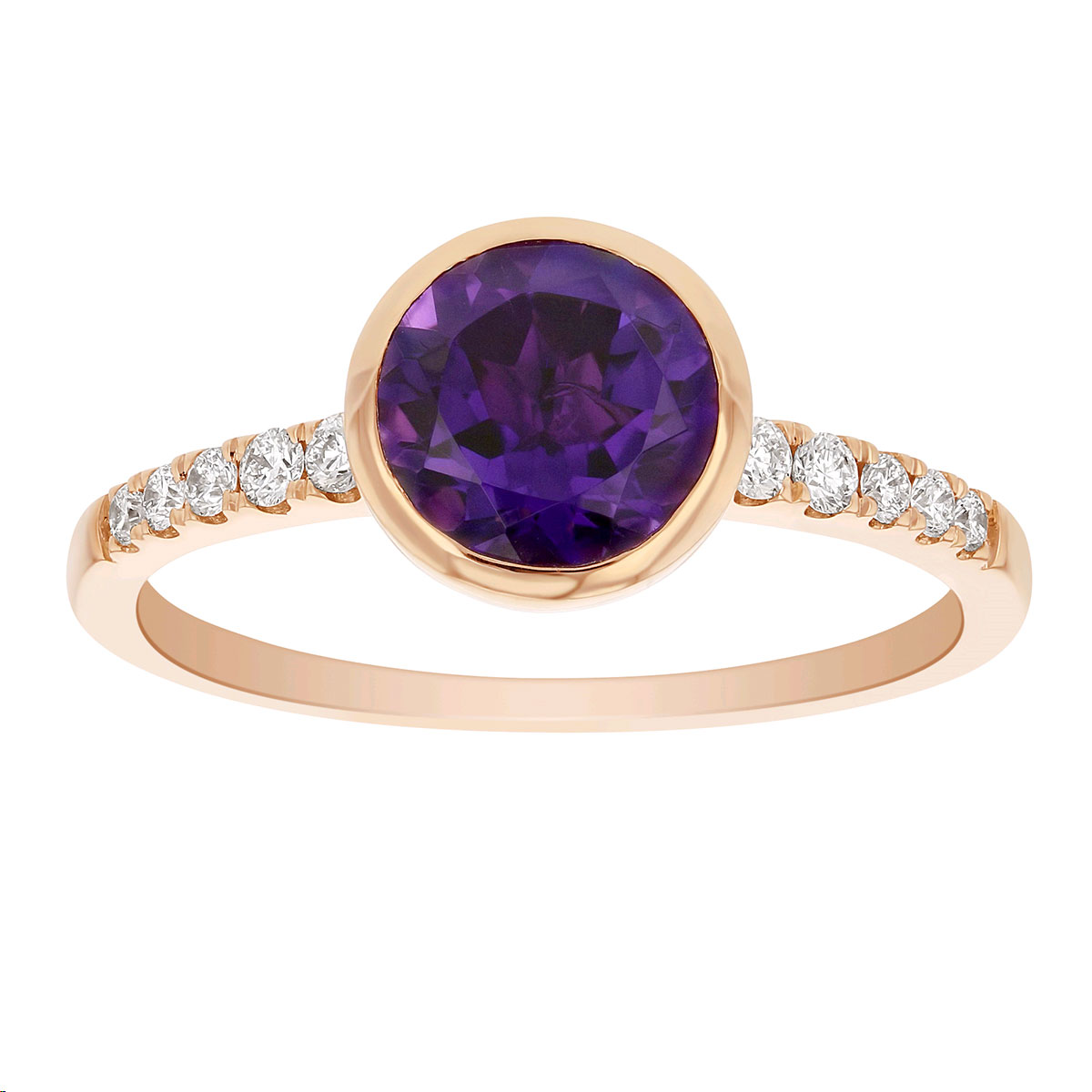 Round Amethyst Bezel Set Ring with Diamond Shank in Rose Gold | Borsheims
