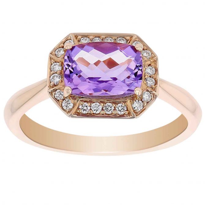 Cushion Amethyst Octagon Ring with Diamond Halo in Rose Gold