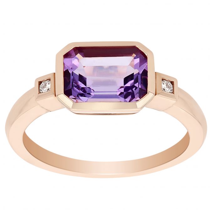 Emerald Cut Pink Amethyst Ring with Diamond Accent Stones in Rose Gold