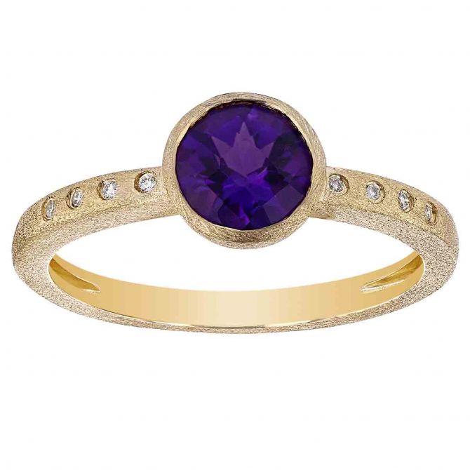 Round Amethyst Bezel Set Ring in Yellow Gold with Diamond Sides