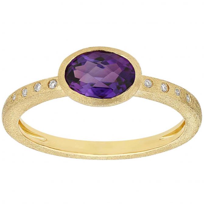 Oval Amethyst Bezel Set Ring in Satin Yellow Gold with Diamond Sides