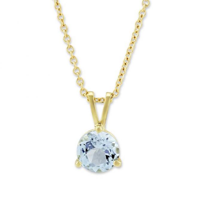 Round Aquamarine Solitaire Pendant in Yellow Gold, 18"