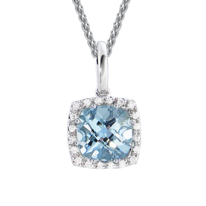 Checkerboard Cushion Aquamarine & Diamond Frame Pendant in White Gold, 18"