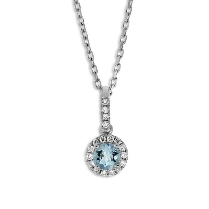 Aquamarine & Diamond Halo Pendant in White Gold, 18"