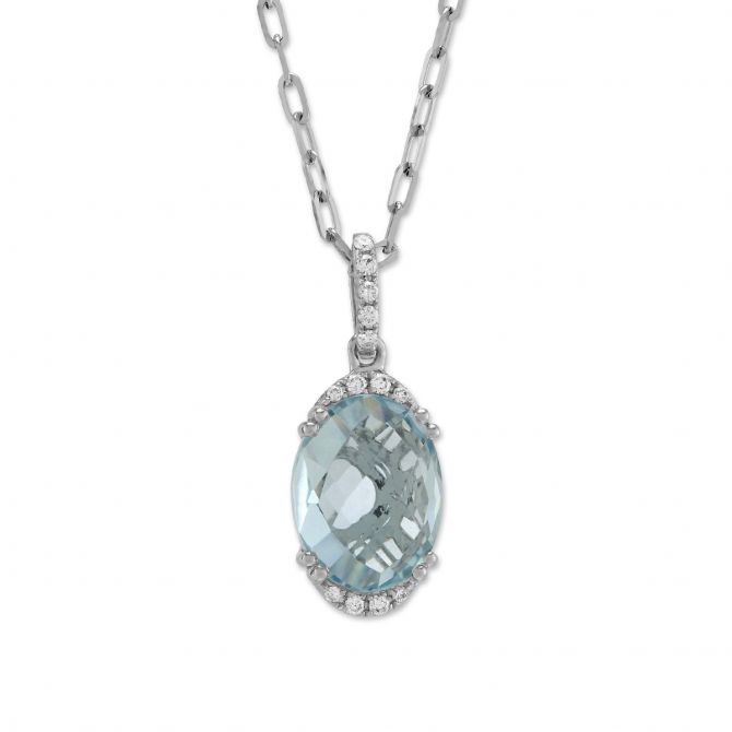 Oval Checkerboard Aquamarine & Diamond Pendant in White Gold, 18"