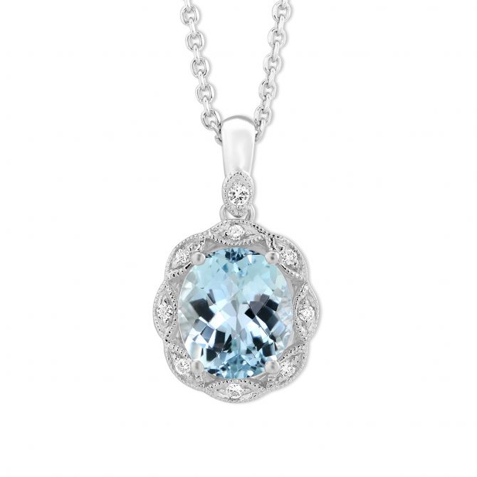 Cushion Aquamarine & Diamond Halo Pendant in White Gold, 18"