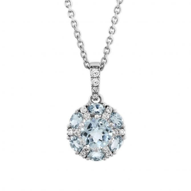 Round/Oval Aquamarine & Diamond Circle Pendant in White Gold, 18"