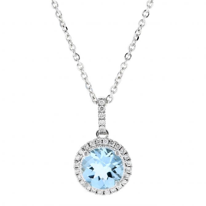 Round Aquamarine & Diamond Halo Pendant in White Gold, 18"