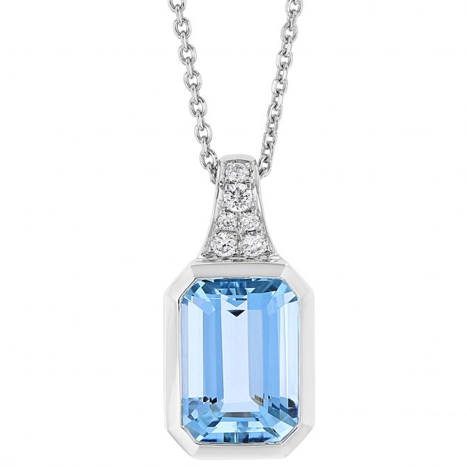 Emerald Cut Aquamarine Bezel Set Pendant with Diamond Bail in White Gold, 18"