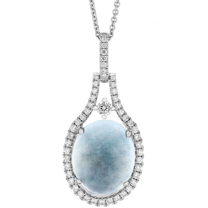 Oval Aquamarine Cabochon Pendant with Open Diamond Halo in White Gold, 18"