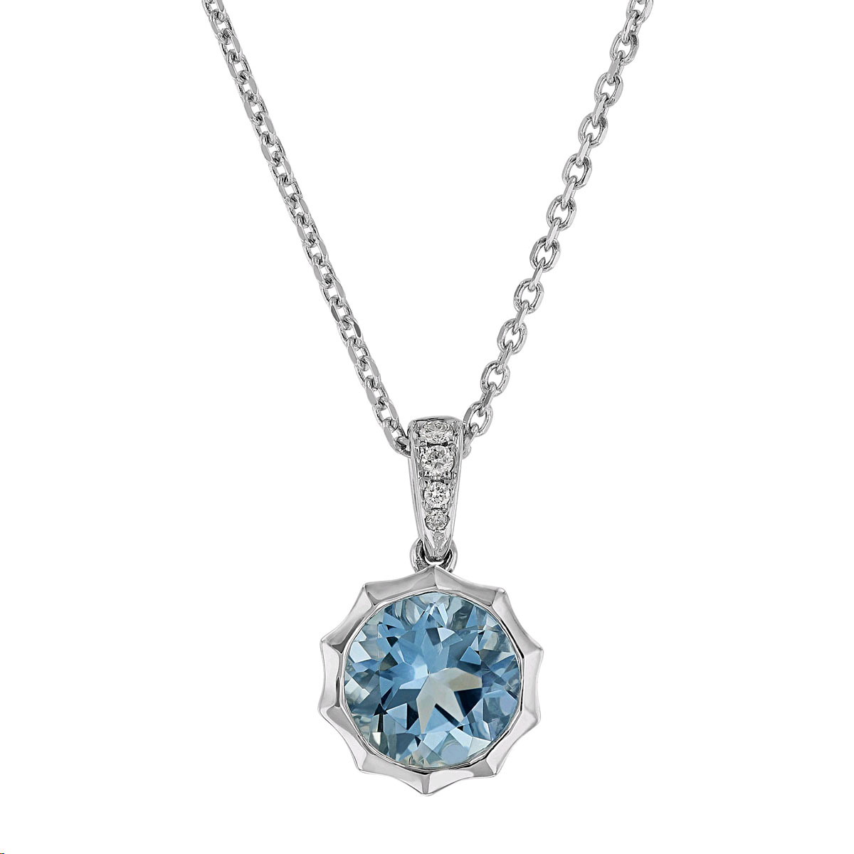 Round Aquamarine Pointed Bezel Pendant With Diamond Bail In White Gold 