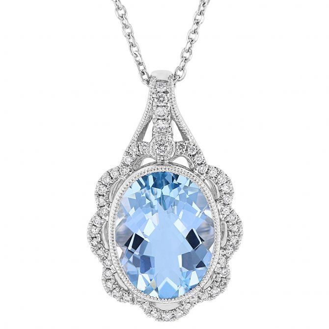 Oval Aquamarine Pendant with Diamond Milgrain Scalloped Halo in White Gold, 18"