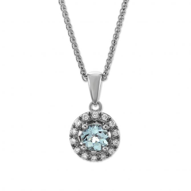 Round Aquamarine & Diamond Halo Pendant in White Gold, 18"