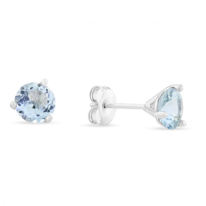 Round Faceted Aquamarine Earrings in White Gold, 6mm