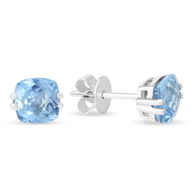 Checkerboard Cushion Aquamarine Earrings in White Gold