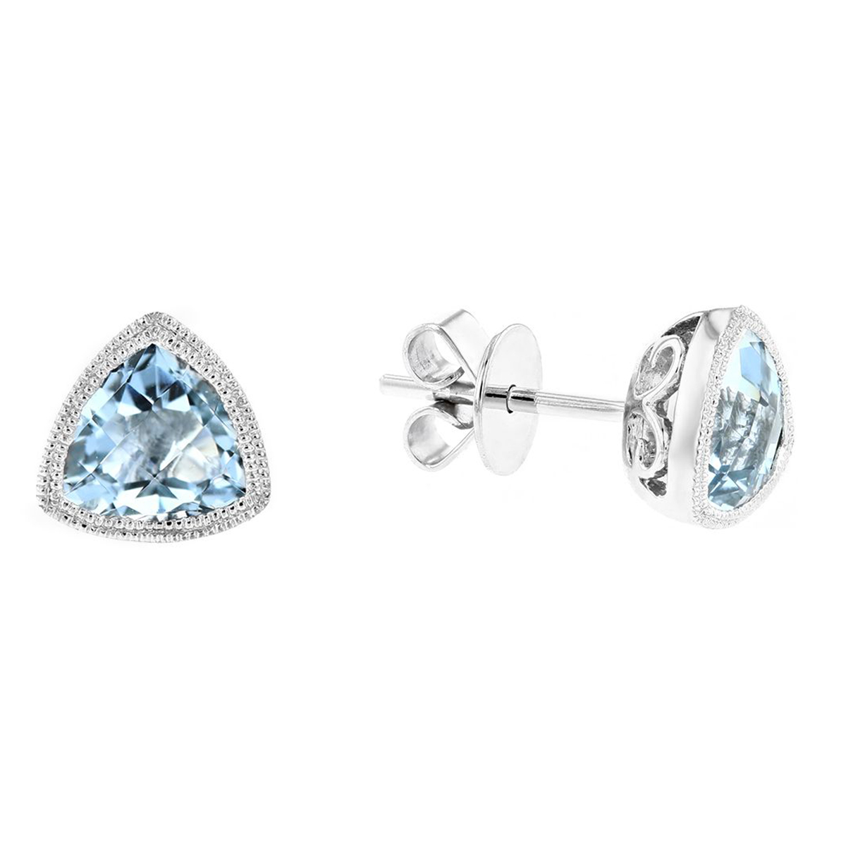 Checkerboard Trillion Aquamarine Milgrain Bezel Post Earrings in White ...