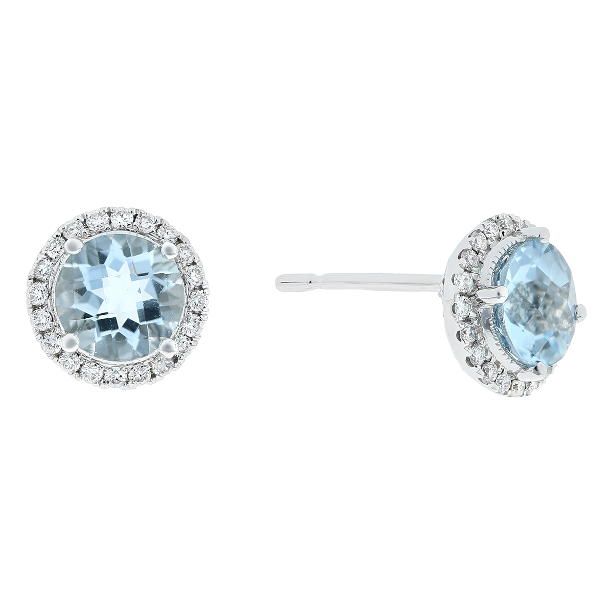 Round Aquamarine & Diamond Halo Post Earrings in White Gold | Borsheims