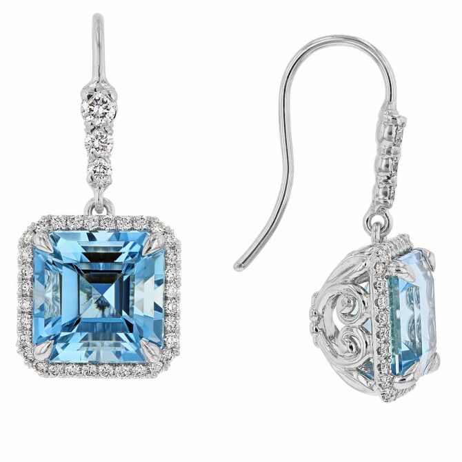 Asscher Cut Aquamarine & Diamond Halo Dangle Earrings in White Gold