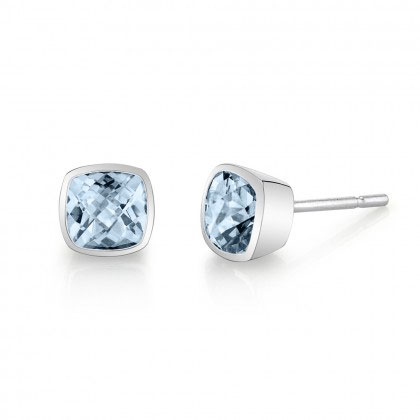 Cushion Aquamarine Bezel Set Stud Earrings in White Gold | Borsheims